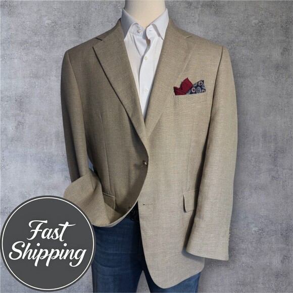JOS A BANK Mens Blazer 44R LINEN/WOOL Taupe Sport Coat Two Button Jacket Suits - Picture 1 of 16